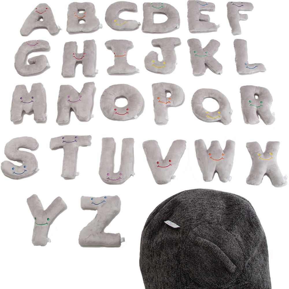 Alphabet Plush Set - Dove Grey Letters with Dark Grey Bag
