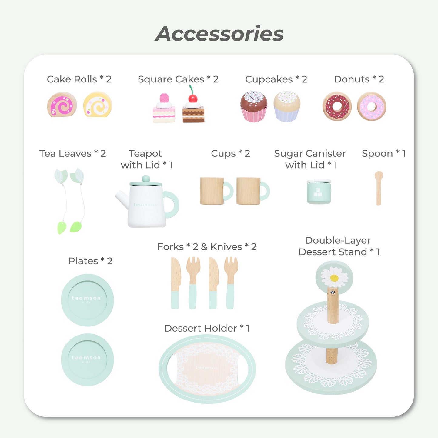 Afternoon Sip Wood Dessert Cart with 21 Pieces & Rotatable Wheels