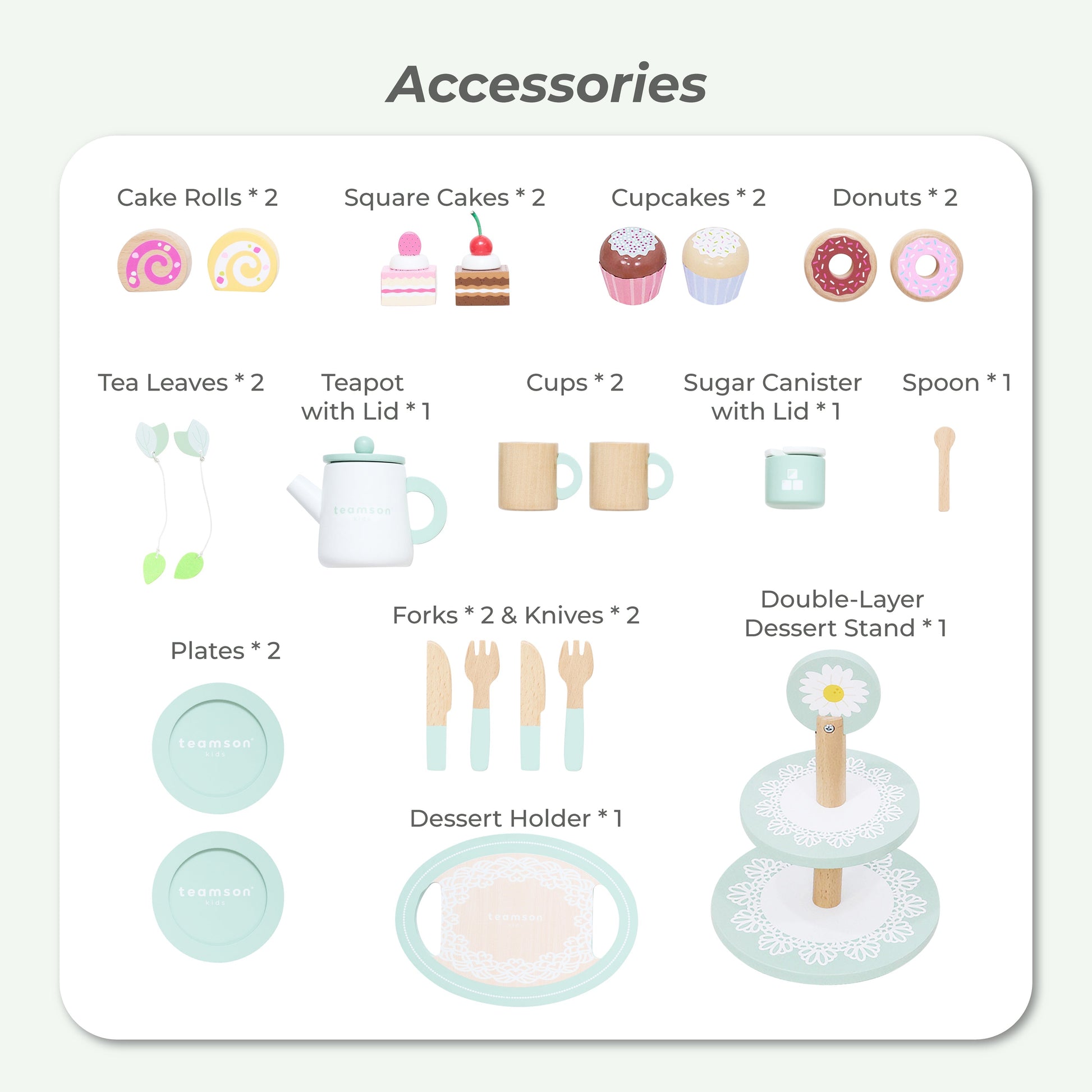 Afternoon Sip Wood Dessert Cart with 21 Pieces & Rotatable Wheels
