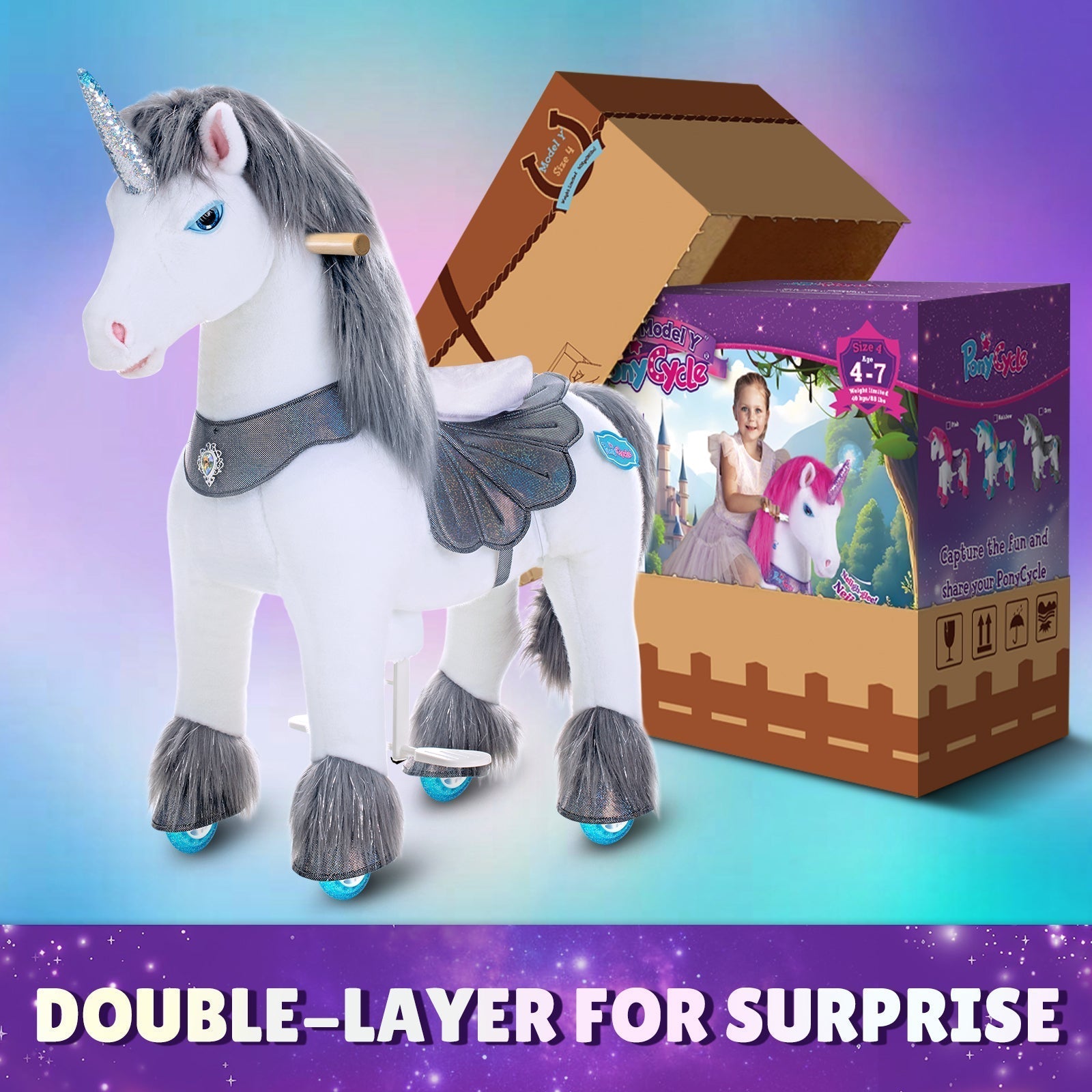 Grey Unicorn Model Y Ride on Toy - 4-7 Years