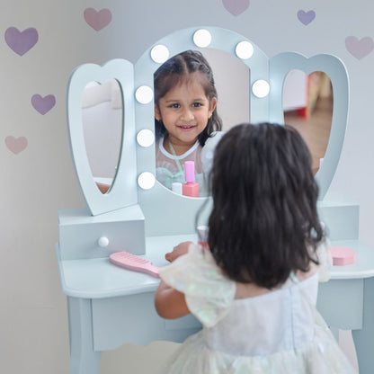 Heart Glow Wooden Vanity Set with LED Lights Mirror & Stool - Blue