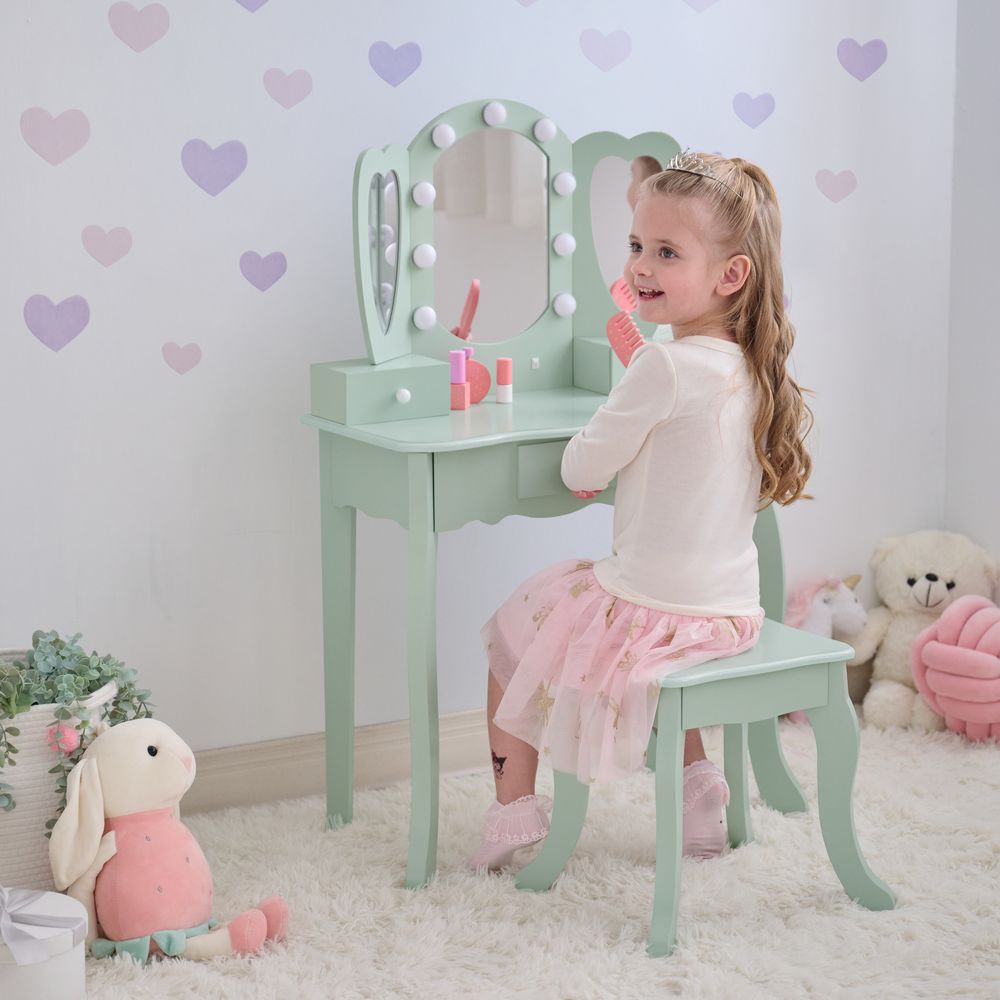 Heart Glow Wooden Vanity Set with LED Lights Mirror & Stool - Sage Green