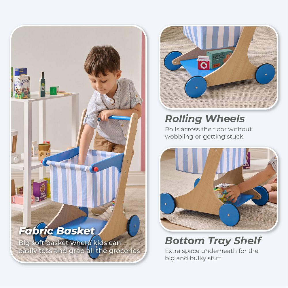 Little Helper Mr. Fresh Wooden Shopping Cart with 13 Grocery Accessories - Blue