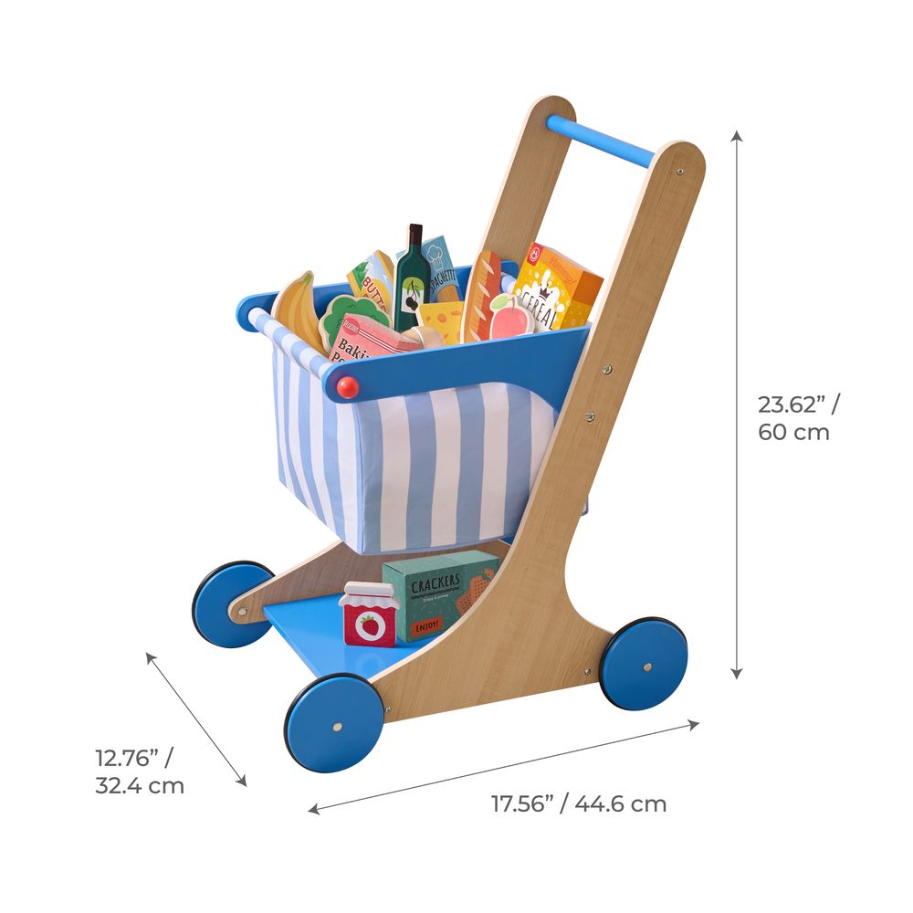 Little Helper Mr. Fresh Wooden Shopping Cart with 13 Grocery Accessories - Blue