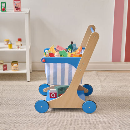 Little Helper Mr. Fresh Wooden Shopping Cart with 13 Grocery Accessories - Blue