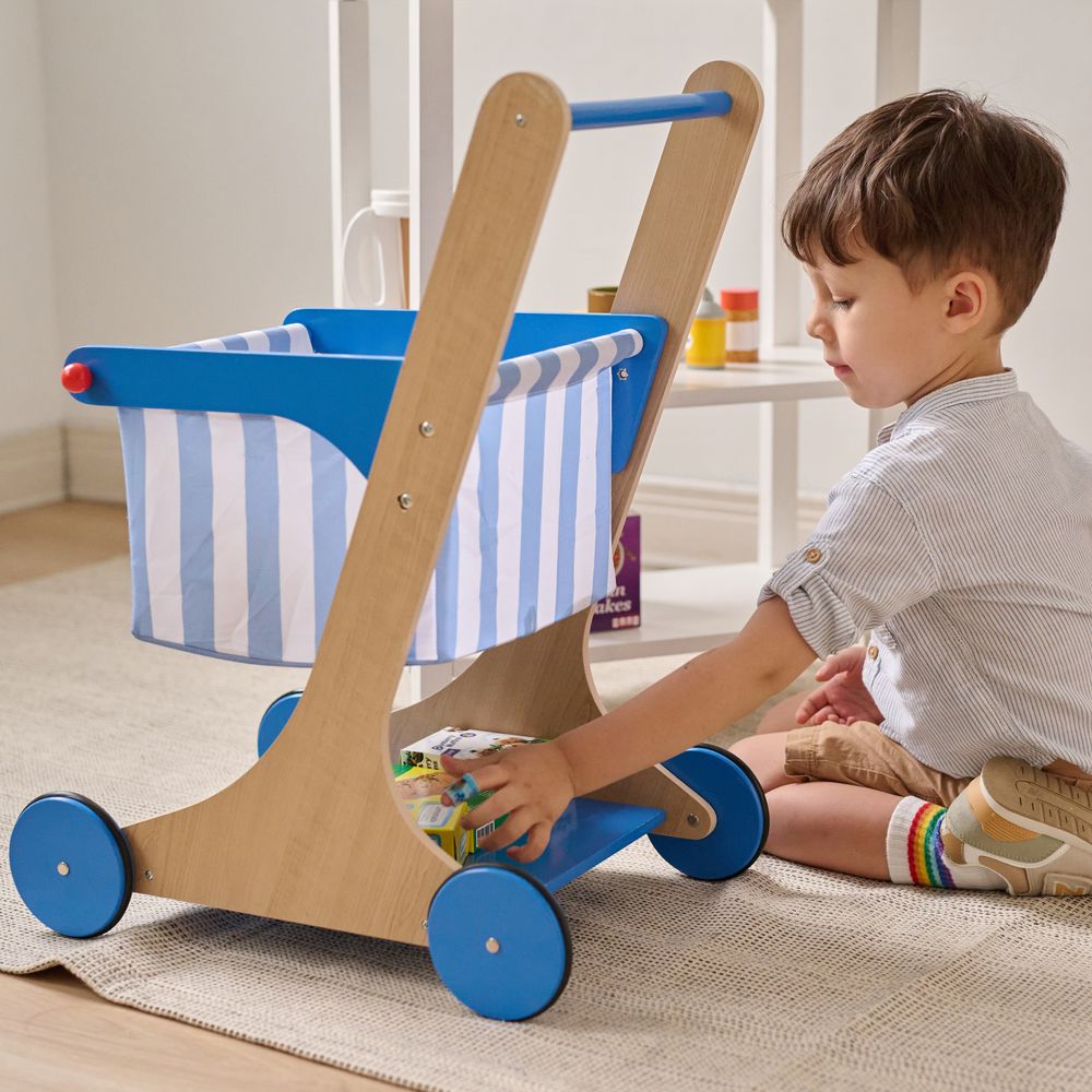 Little Helper Mr. Fresh Wooden Shopping Cart with 13 Grocery Accessories - Blue