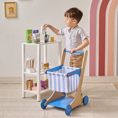 Little Helper Mr. Fresh Wooden Shopping Cart with 13 Grocery Accessories - Blue
