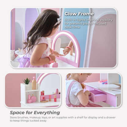 Rosé Shine Wood Vanity & Desk with LED Mirror & Stool - Pink/White