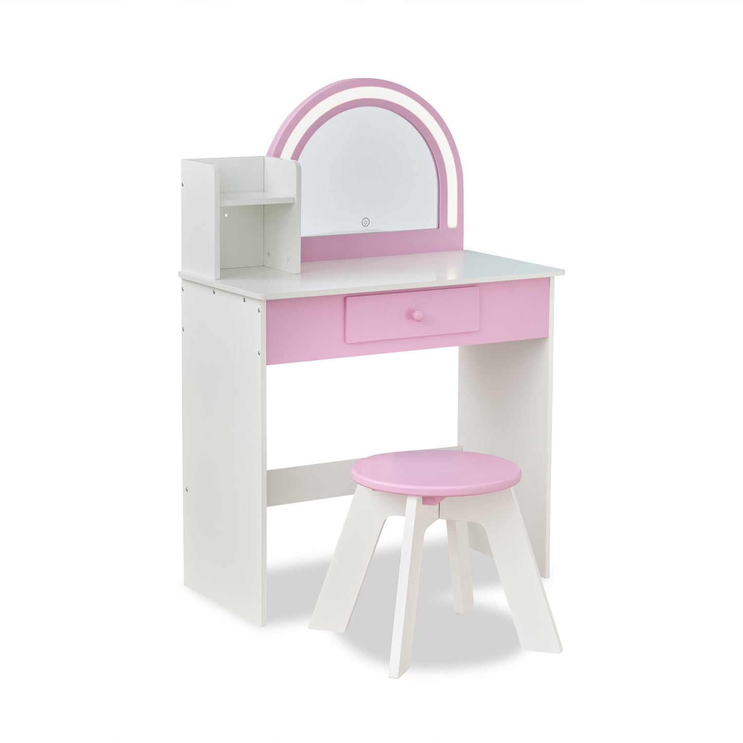 Rosé Shine Wood Vanity & Desk with LED Mirror & Stool - Pink/White