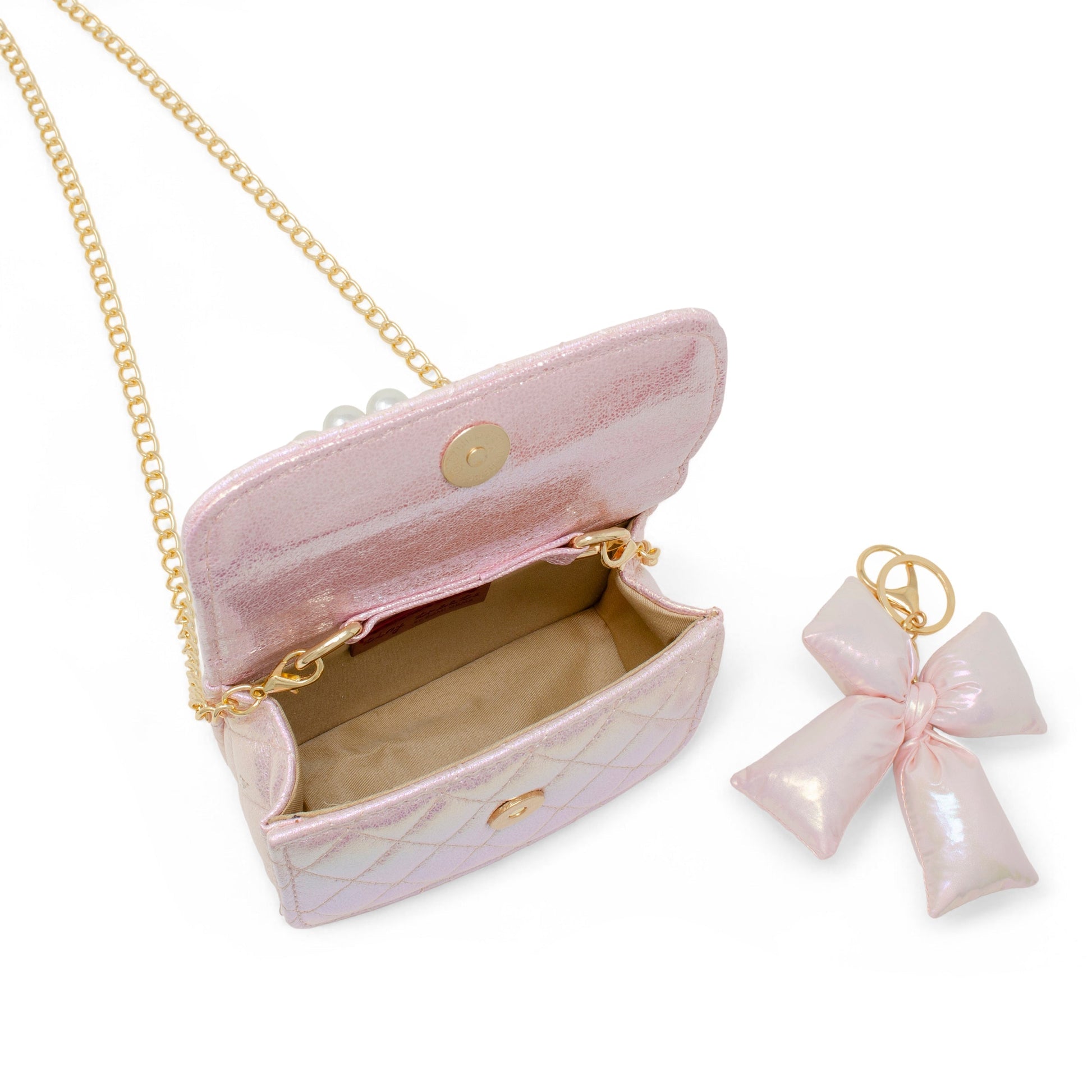 Shiny Quilted Fluffy Bow Handbag - Pink
