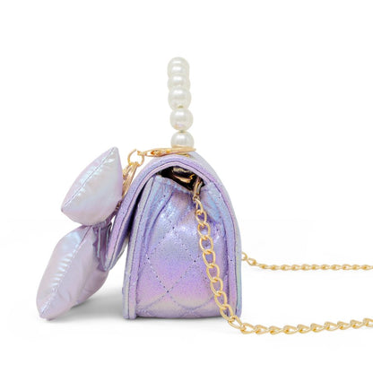 Shiny Quilted Fluffy Bow Handbag - Purple