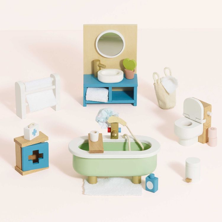 Wooden Dollhouse 19 Piece Bathroom Furniture Set